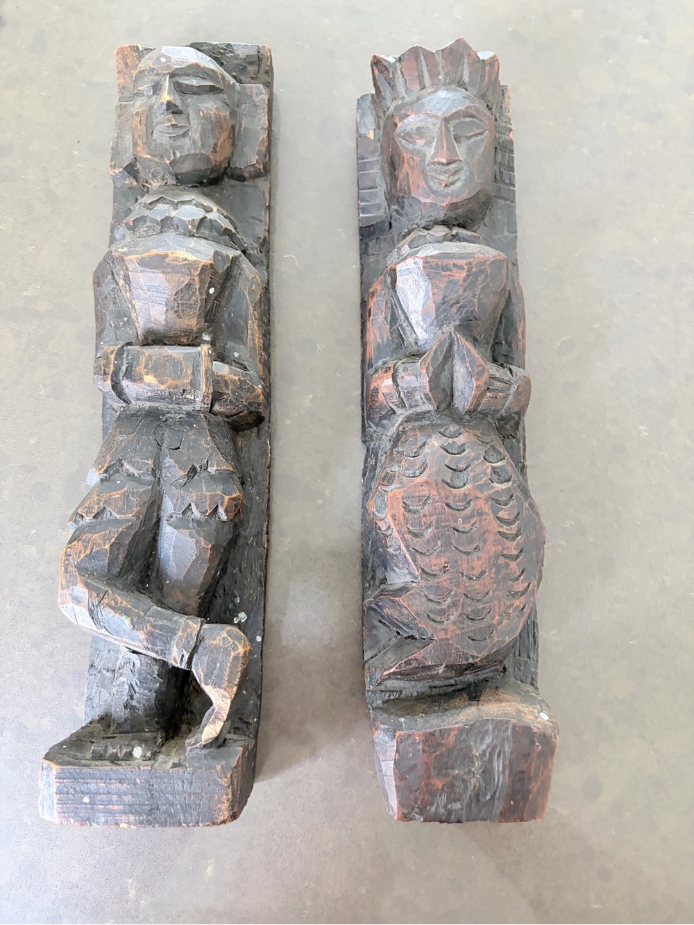 Hand-Carved Wood female & Male Figure Wall Art - vintage South Asian American